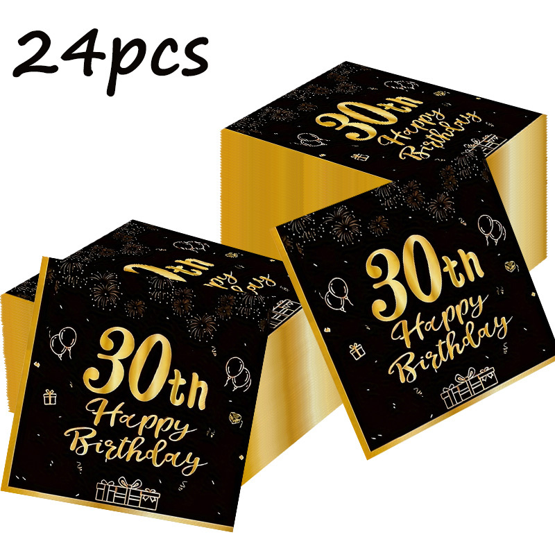 TEMU Lot de 24/72/96 serviettes jetables neuves noires et dorées sur le thème du 30e anniversaire, adaptées pour les serviettes de fête à thème