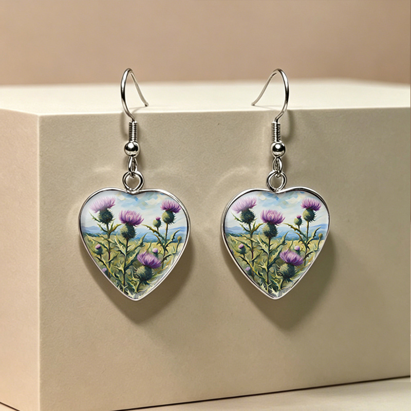 TEMU 1 Pair Wild Thistle Heart Shape Earring Glass Dome Dangle Earrings Handmade Fashion Unisex Jewelry