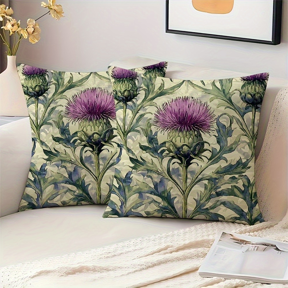 TEMU 2pcs Floral Pillowcase Set With Green Curly Thistle And Leaf Pattern, Home Decor, Holiday Decoration Or Gift For . Soft And Comfortable Cushion