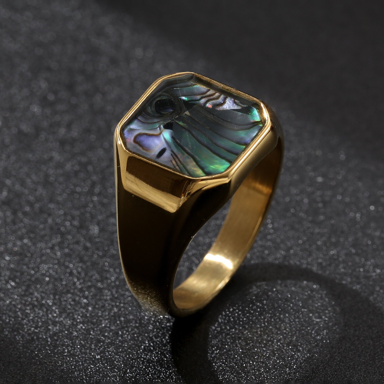 Image of Square Abalone Shell Signet Ring Men Women Stainless Steel Golden Silvery Iridescent Simulated Shell Unisex Band Ring Fashion Accessory Gift