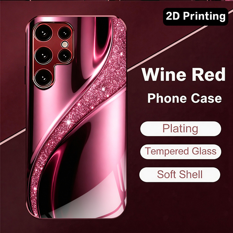 TEMU Phone Case - [2dflat] Pink Heart Decorative Glossy End, Electroplated Luxurious Ultra-transparent Tempered Glass Phone Case Suitable For Galaxy