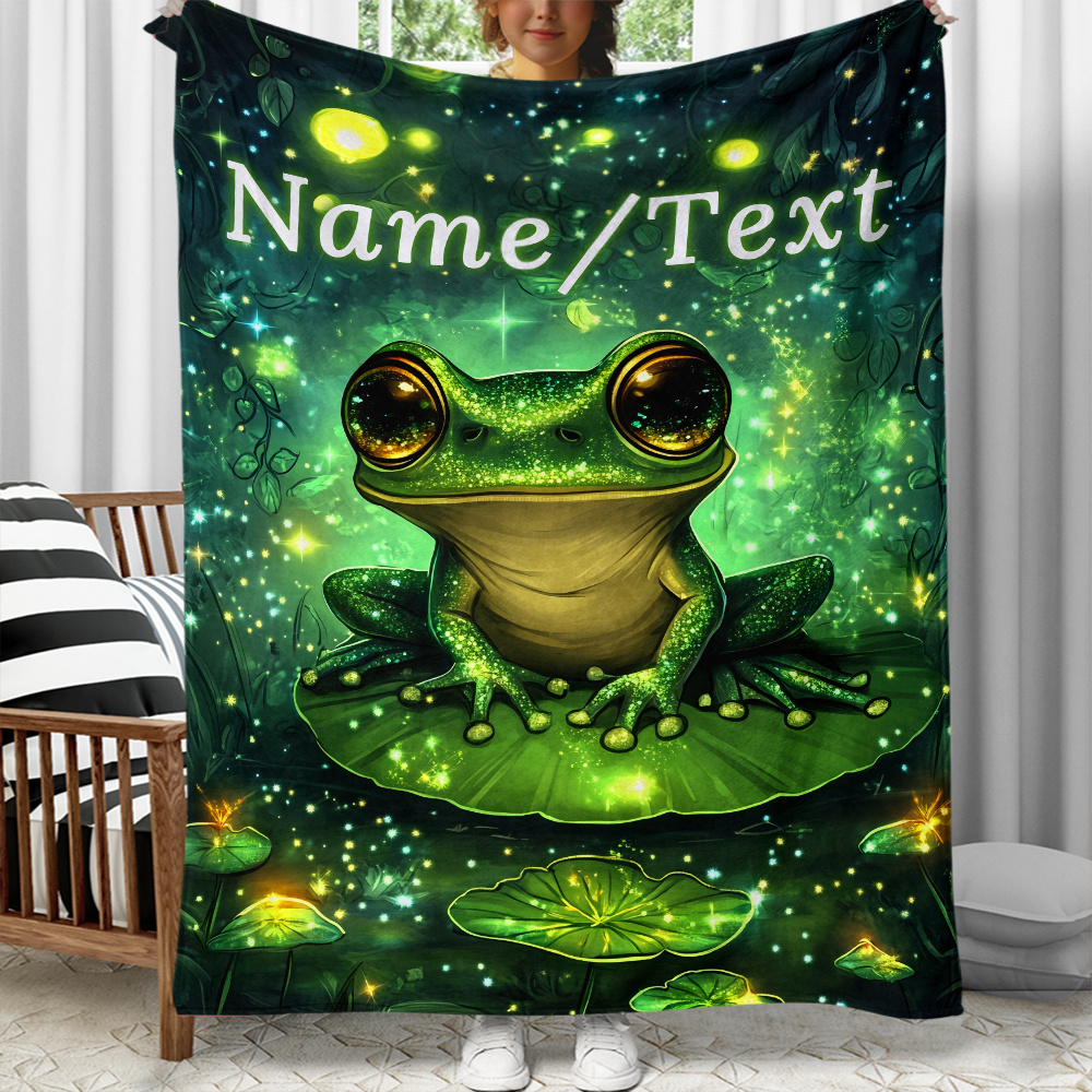 TEMU 1pc Cute Frog Firefly Custom Name Print Portable- In Winter Lightweight Flannel Throw For Sofa, Bed, Travel, Camping, Livingroom, Office, Couch,