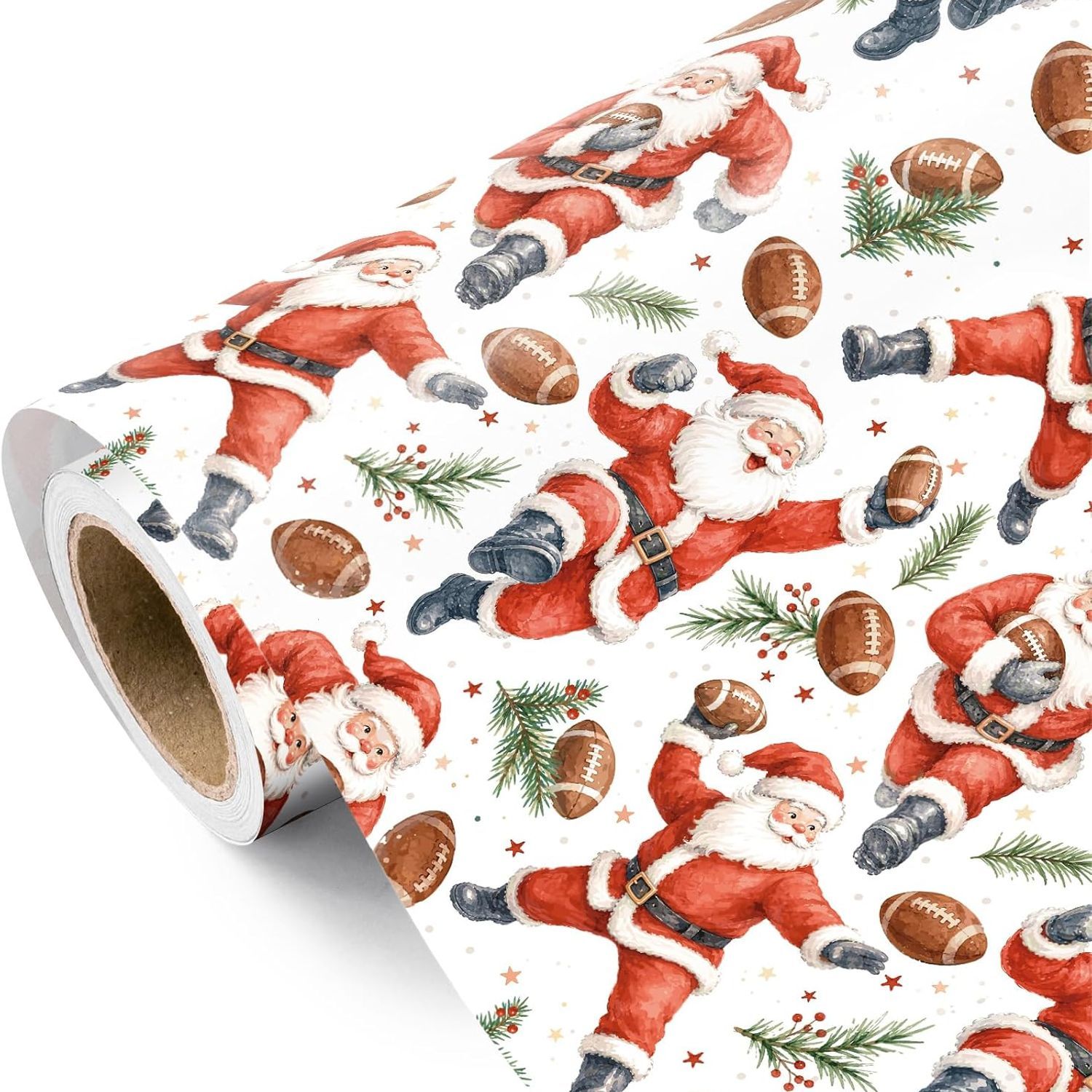 TEMU Starlight Breeze 1roll 58*22 Inch Santa Claus Football Pine Branches Pattern Print Design Christmas Wrapping Paper Roll Gifts Wrapping Paper