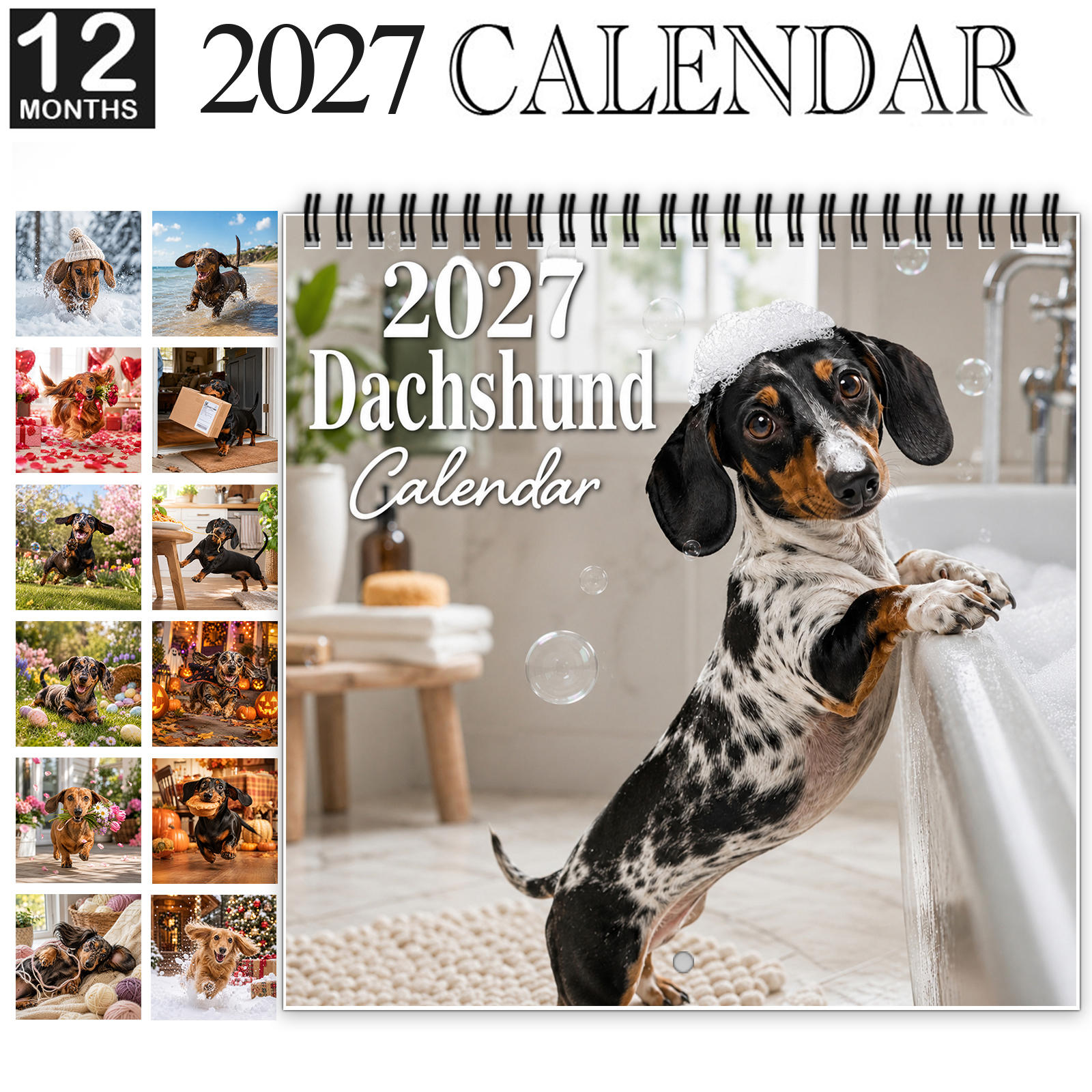 TEMU 1pc 2027 Funny Dachshund Wall Calendar, Spiral-bound 12-month Monthly Planner With Thick Glossy Paper, Displays Pups In Cute, Whimsical And