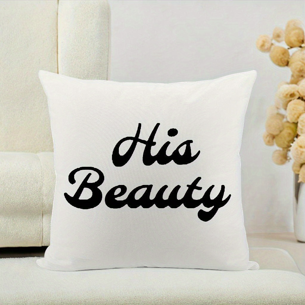 his hers couples pillowcase funny romantic gift with his beauty   initials elegant cursive lettering on white zipper closure hand wash only retro style matching bedding for couples Product details 4