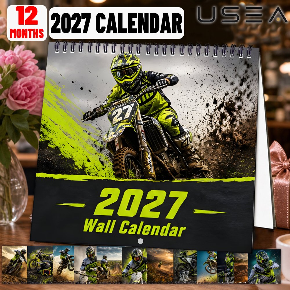 TEMU Wall Calendars 2027 Wall Calendar, 12-month Motocross Dirt Bike Monthly Planner, Twin Wire Spiral Hanging Calendar With Large Blocks, Us