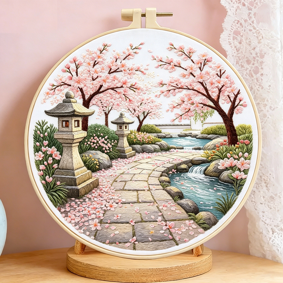TEMU 1 Set Of Printed Embroidery Kit, "spring In " Cherry Tree Landscape Themed Pattern, Diy Embroidery Kit For Adult Beginners Who Enjoy Diy