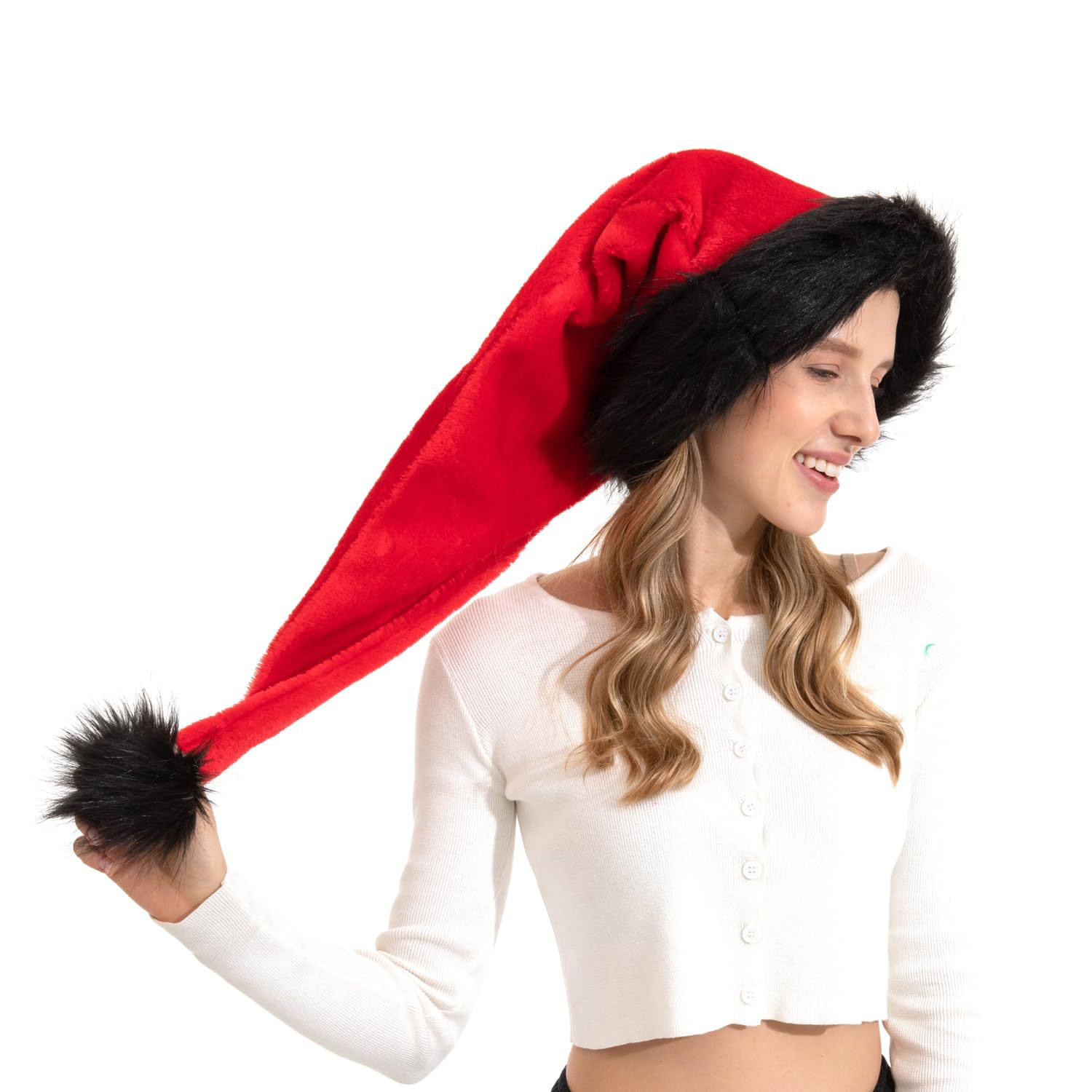TEMU 1pc Ultra-long Scalloped Hat, With Black Trim And Tail, Perfect For Holiday Parties And Decorations, Suitable For Christmas, New Year, Birthday