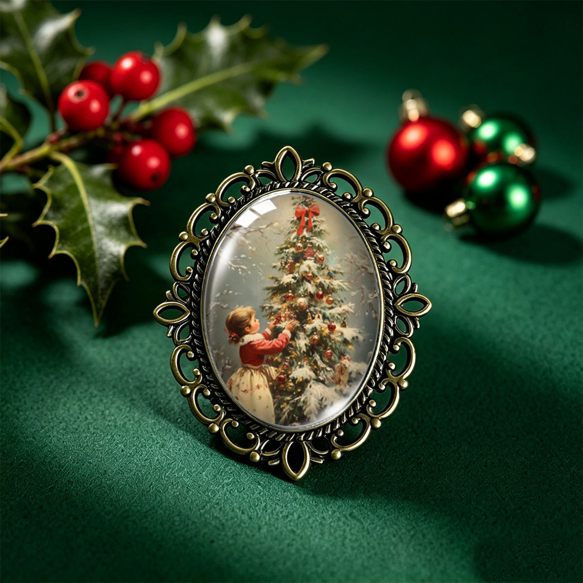 TEMU Broche de cristal ovalado con encaje, 1 pieza, estilo navideño unisex, color vintage, con de niña pequeña pintando un árbol de Navidad y nieve