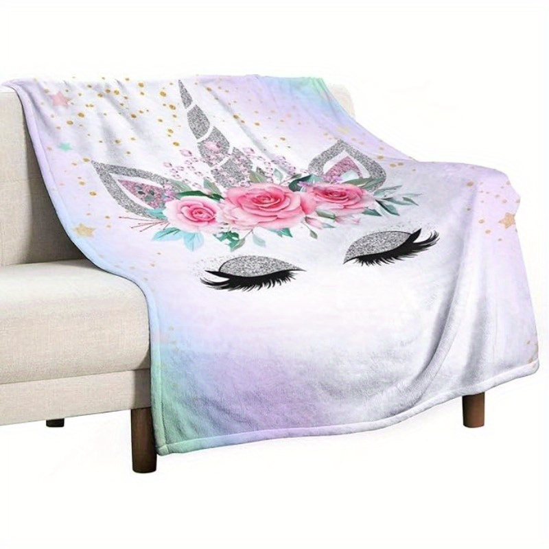Soft Unicorn Fleece Blanket for Girls Cozy *' Throw with Floral Glitter  Design School or Bedtime, cm, Ideal