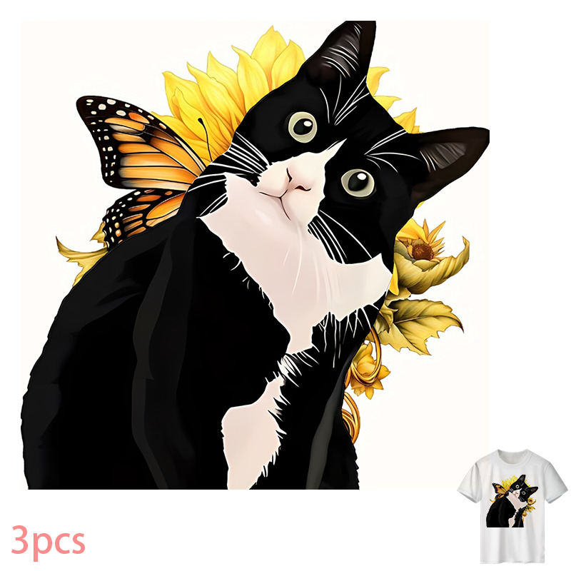 item picture 3pcs black and white two tone cute cat pattern transfer stickers multi color and durable diy iron on appliques high quality and fade resistant suitable for backpacks and t shirt printing washable plastic pattern only