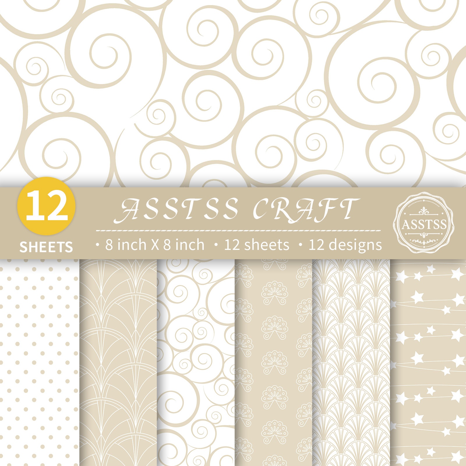 TEMU Lot de 12 feuilles de papier scrapbooking ASSTSS 8X8 pouces, papier de base beige élégant avec motif floral , dentelle et étoiles, papier