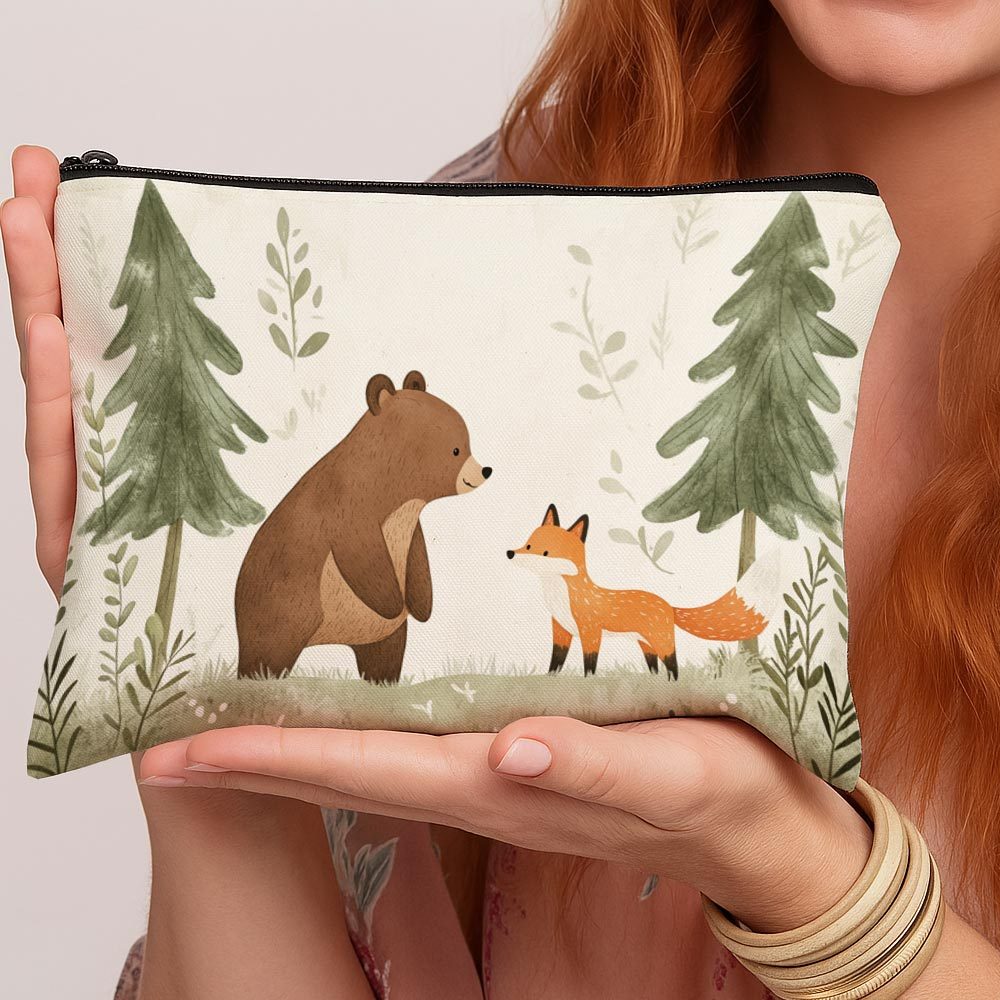 TEMU 2d Flat Printing Watercolor Style Forest Bear And Fox Pattern Makeup Bag, Lightweight And Durable Washable Pouch, Suitable For Toiletry