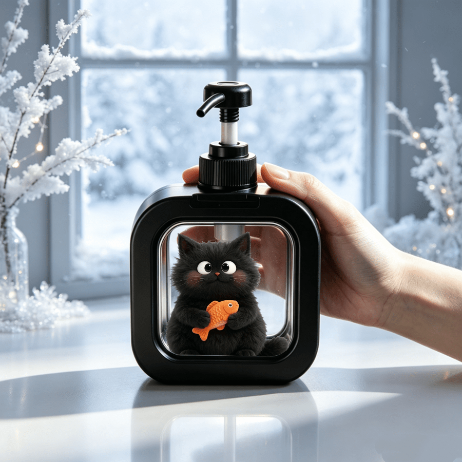 TEMU Refillable Press-type Pump Dispenser Bottle With Black Cat & Orange Fish Doll - Square Plastic Container Suitable For Liquid Soap, Lotion,