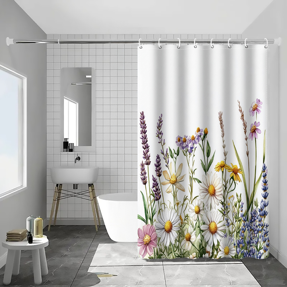 TEMU 1pc Pastoral Floral Lavender Daisy Nature-inspired Printed Shower Curtain, Modern Bathroom Home Decor With Plastic Hooks, Suitable For Home And