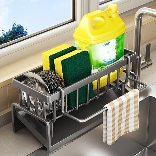 durable plastic kitchen storage rack with drain basket cloth rack organizing tools space saving multi compartment organizer for sponges utensils cleaning supplies for contemporary kitchens