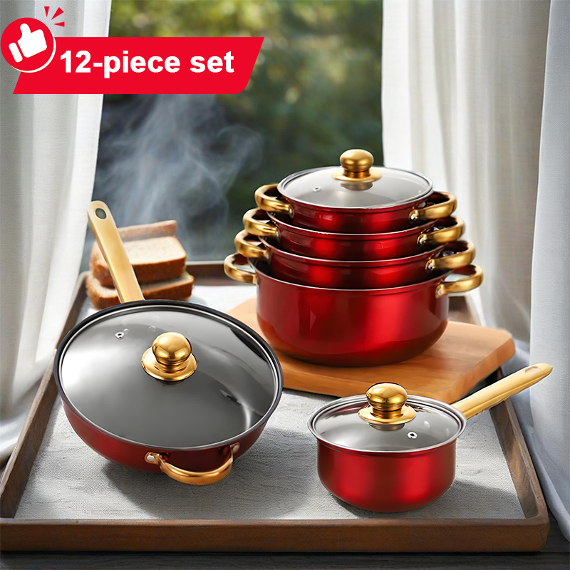 TEMU 12pcs Stainless Steel Cookware Set, Anti-stick Cookware Set, Heat Resistant, , Saucepan, Wok, Versatile, Stylish, Durable, Perfect Gift For Ladies, Moms, Family, , Summer