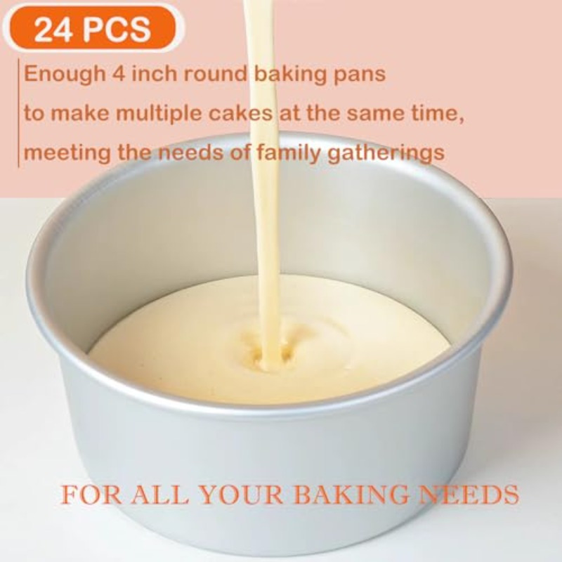 4 inch small cake pan set of 24 nonstick aluminum cake baking pans with 100pcs round parchment paper cake pans with removable bottom for mini cheesecakes pizzas and dessert Product details 4