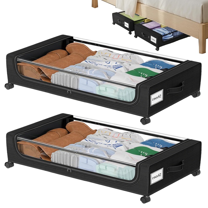 Large Capacity Rolling Storage Box Set Of 2, 360° Smooth Casters For , Durable Underbed Organizer To Store Clothes, Bedding, Shoes, Practical Household Space Solution, Under-bed Storage