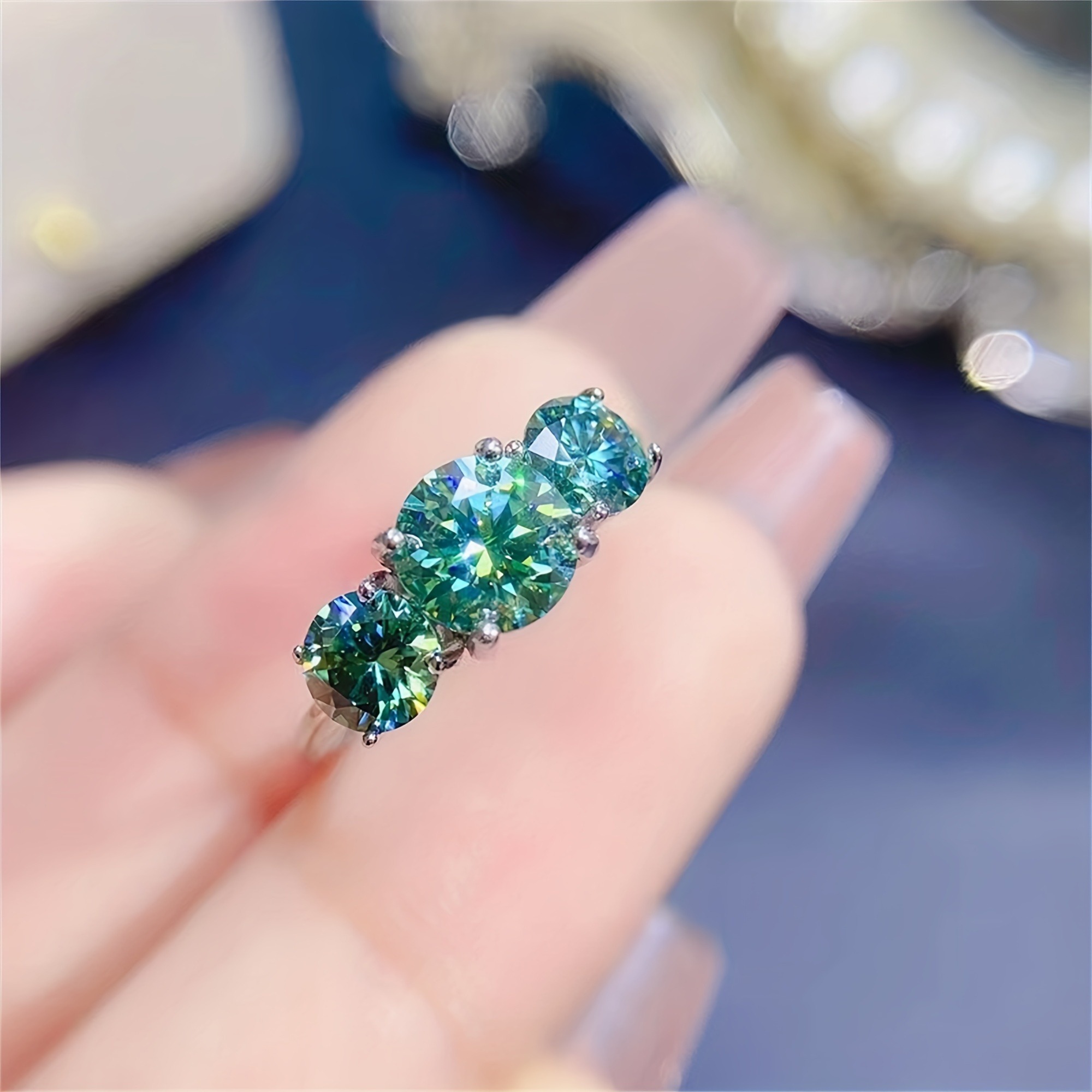 TEMU Vintage Moissanite Ring 925 Sterling Silver | 2/ 4 Carat Round Emerald 3 , Romantic Engagement Synthetic Jewelry, Anniversary Ring And , With