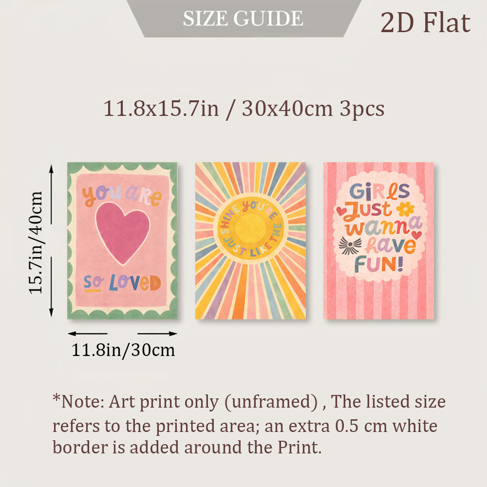 E-shop 2D Flach, 3er-Set "Du bist so geliebt" & "Scheine wie die Sonne" & "Mädchen wollen einfach Spaß haben" Wandkunst - Farbenfrohe moderne