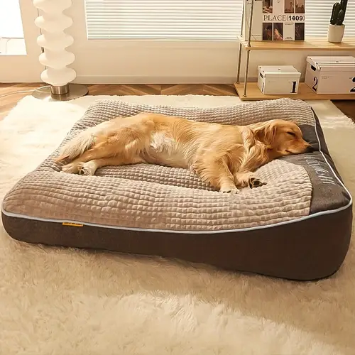gray pattern square plush dog bed non slip base made of polypropylene durable filling suitable for small to large dogs comfortable vacuum compressed packaging