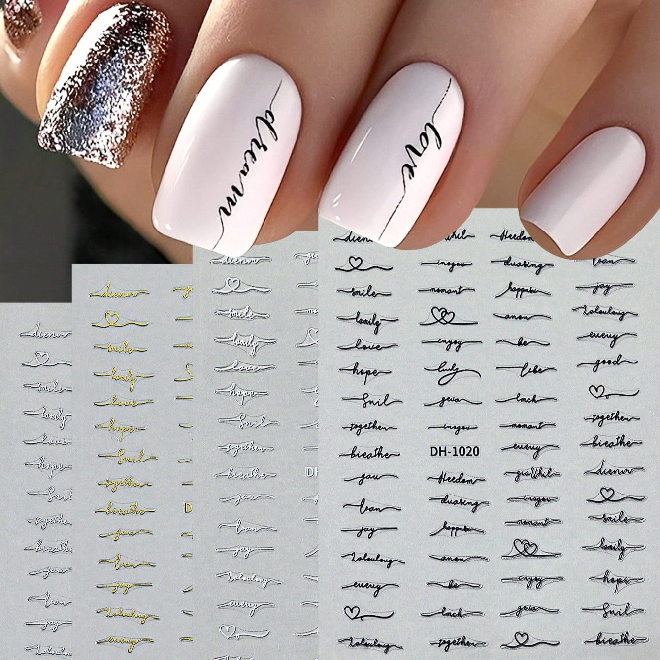 Image of 4pcs Letter Nail Art Stickers, Golden, Silvery, Black, White Holographic Self-adhesive Decals, Diy Nail Art Accessories Tools, Nail Supplies Nails