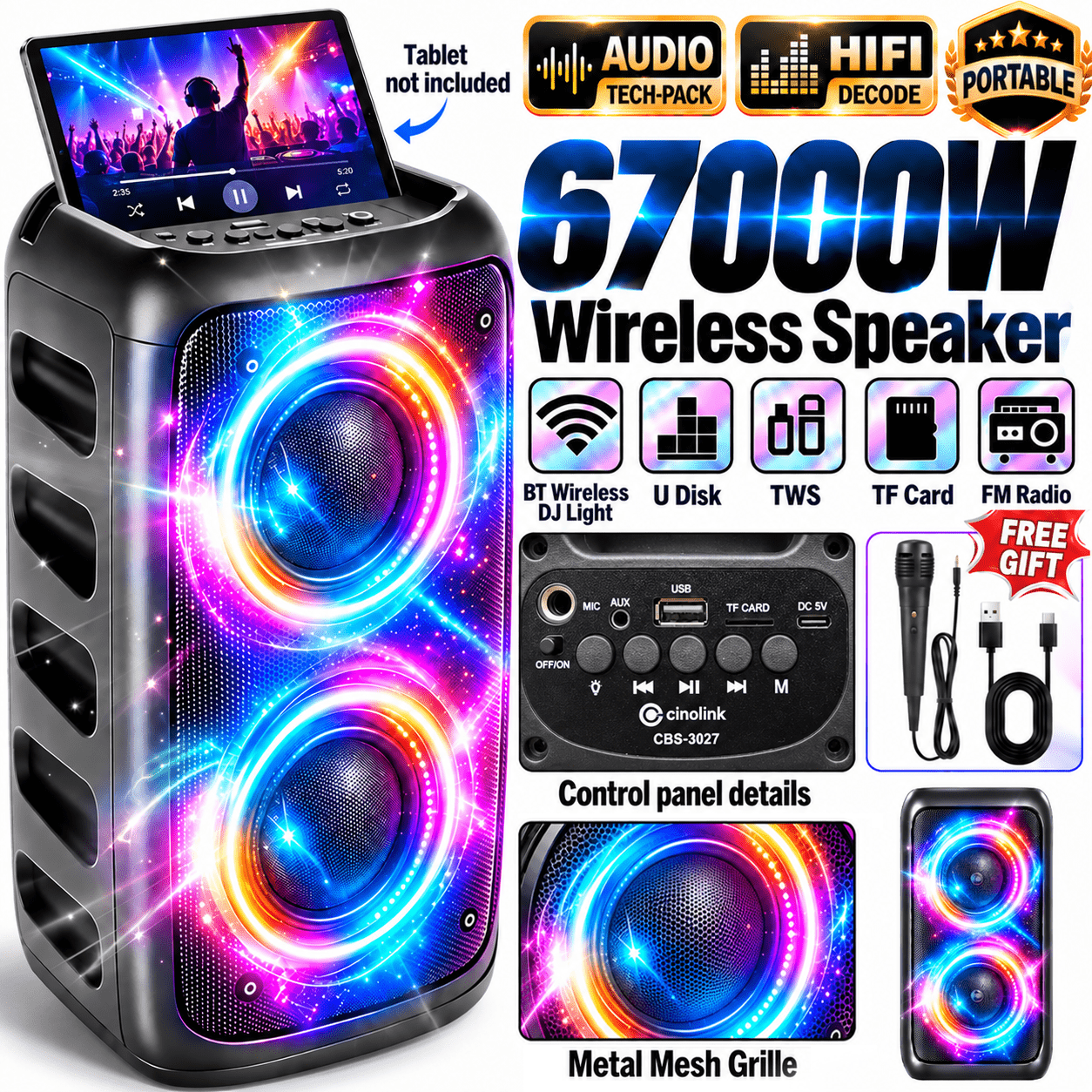 Image of Wireless Party Box Wireless Speaker, Portable Speaker With Rgb Rhythm Lights, Tws Stereo, Heavy , Usb Tf Card Fm Radio, Rechargeable Speaker For Home Outdoor Camping