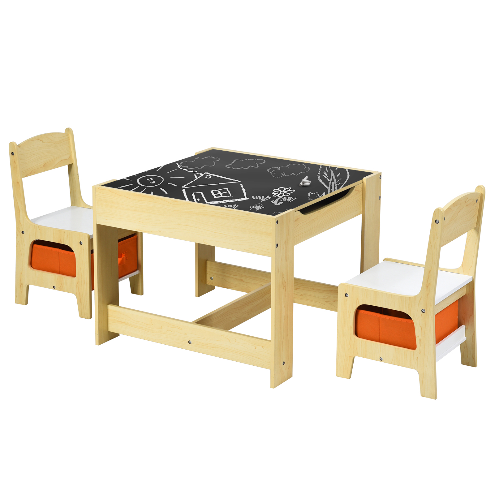 Image of Kids Art Table And Chair Set, Desk With 2 Chairs, Dual-sided Tabletop, 2 Fabric Bins, Hidden Storage