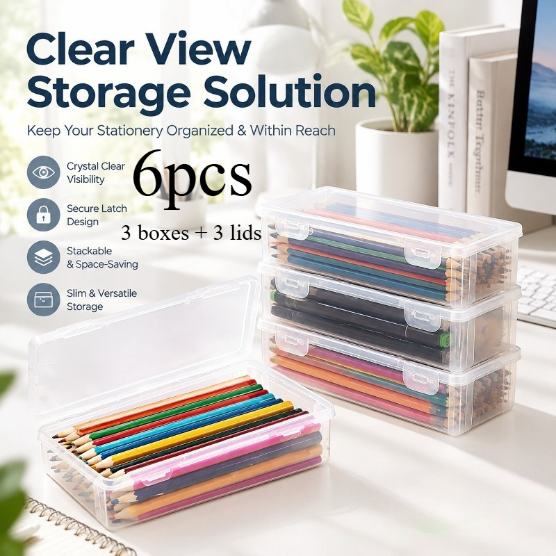 TEMU 6pcs Set Of Large Transparent Pp Material Storage Boxes - 3 Lids + 3 Boxes - With Sealing Lids, Simple Plain Surface, Lightweight And Durable.