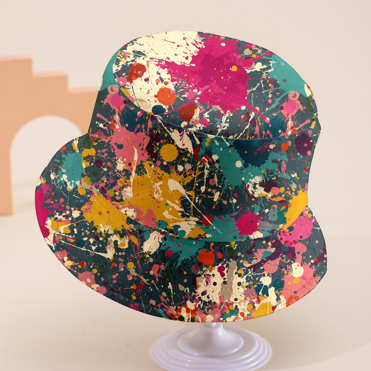 TEMU 1pc Youth Unisex Spring Summer Reversible Fisherman Hat, Full Print Bucket Hat For Hiking, Holiday, Gift, Multicolor, Random Abstract Sewing