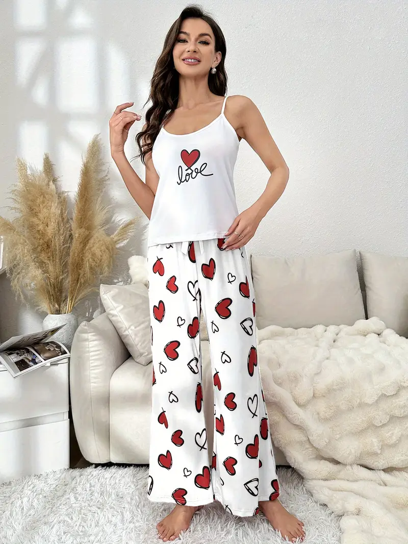 3 sets of 6pcs womens casual polyester black blue and white camisole top long pants pajama set heart flower print fabric short sleeve top with trousers casual loungewear sexy outside Product details 2