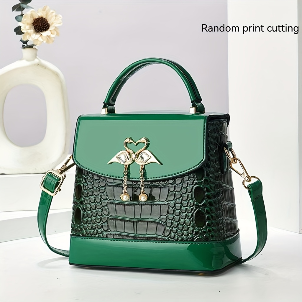 TEMU Stylish Crocodile-embossed Women's Crossbody Bag | Lightweight Large Capacity Shoulder Purse With Golden-tone Heart Clasp, Magnetic Closure,