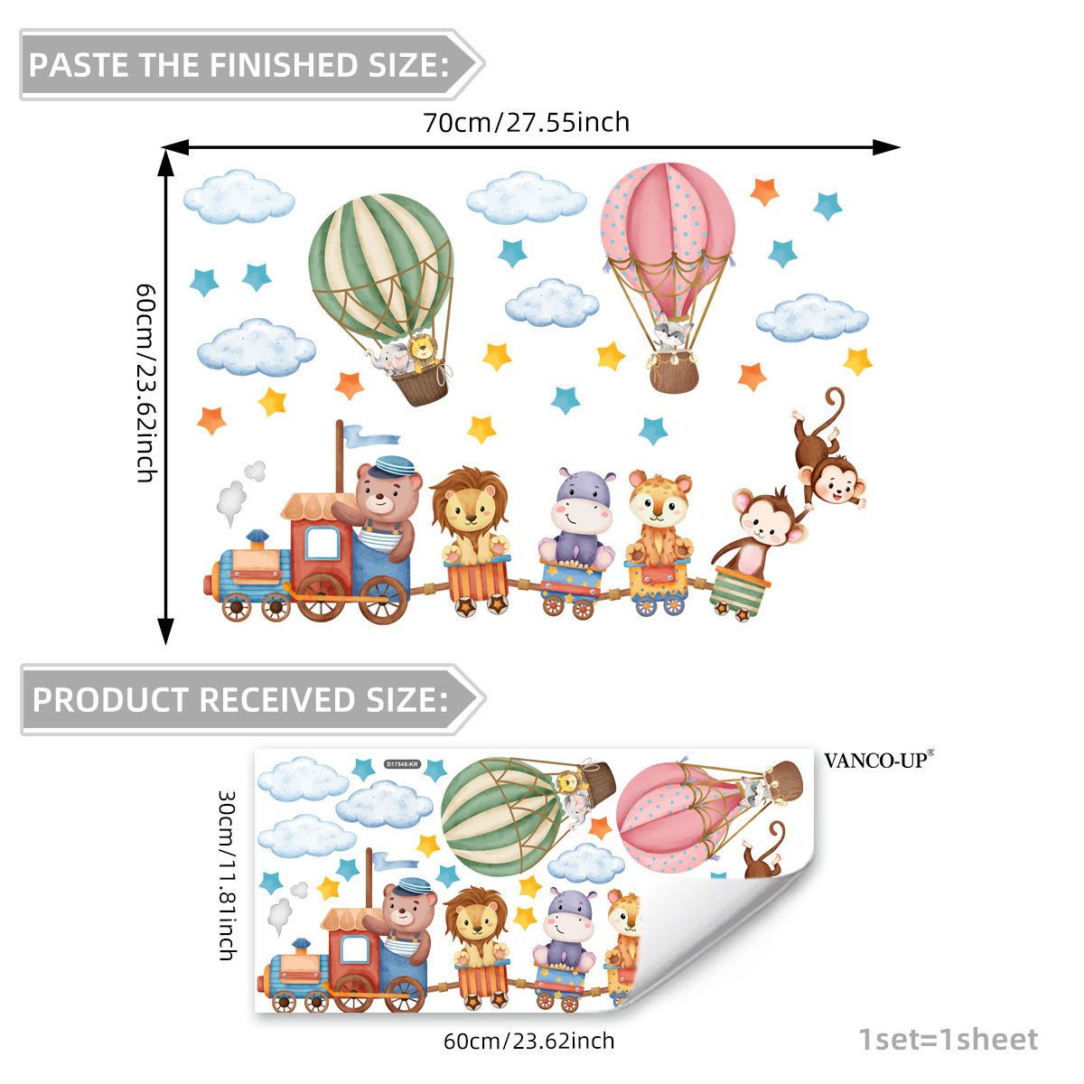 Image of A Small Train Hot Air Balloon With Animals, Clouds, And Stars Window Stickers (30*60cm) For Static Cling Decoration On Glass Windows At Home, Beautifying D17548