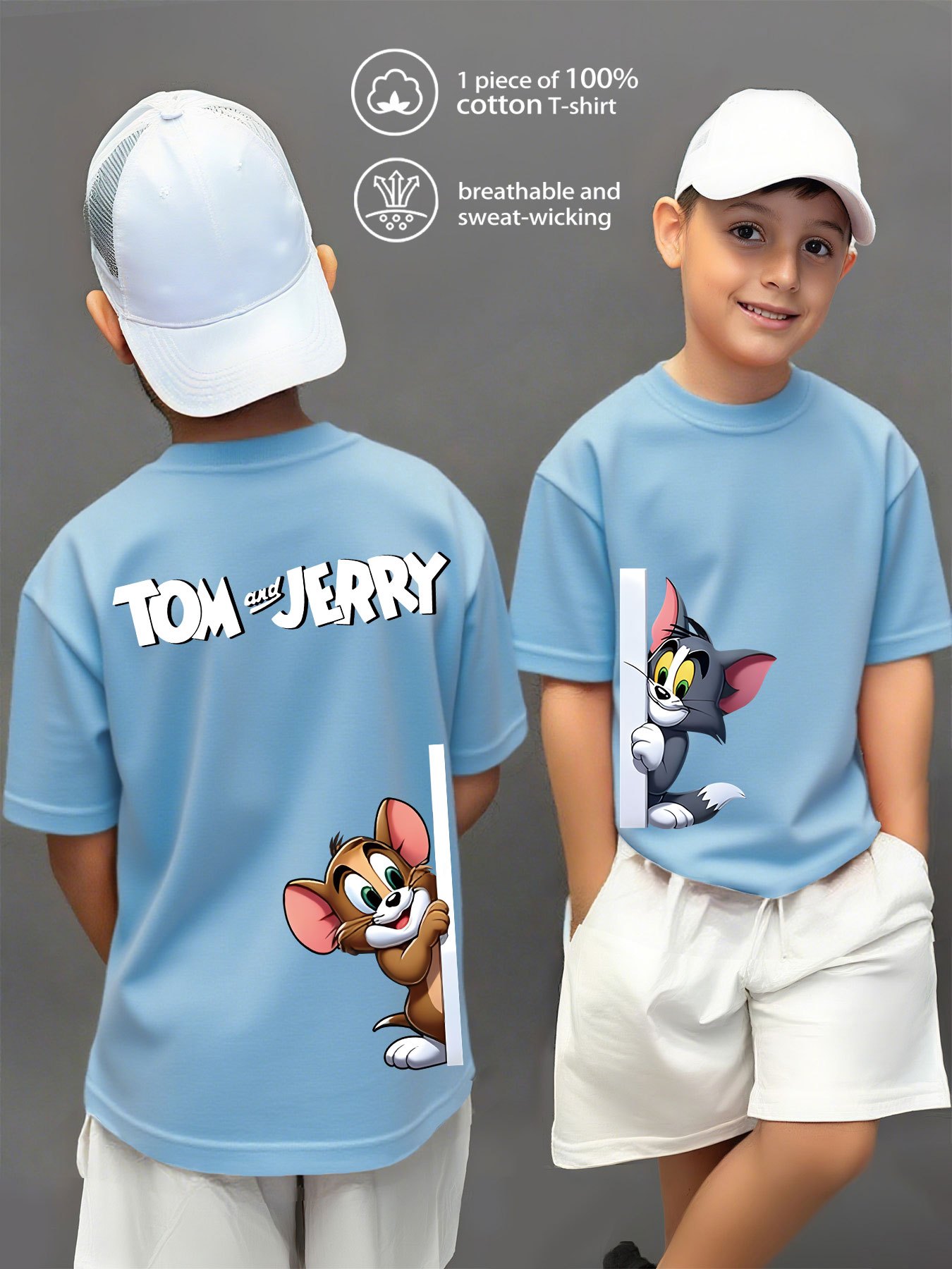 100% Pure Knitted Short-Sleeve T-Shirt, Breathable And Sweat-Absorbing, a Casual And Versatile Round-Neck Short-Sleeve Top for Boys, Featuring a Cute TOM And JERRY Cartoon Print, Machine Washable - Available in 10 Options, Sweat-Resistant