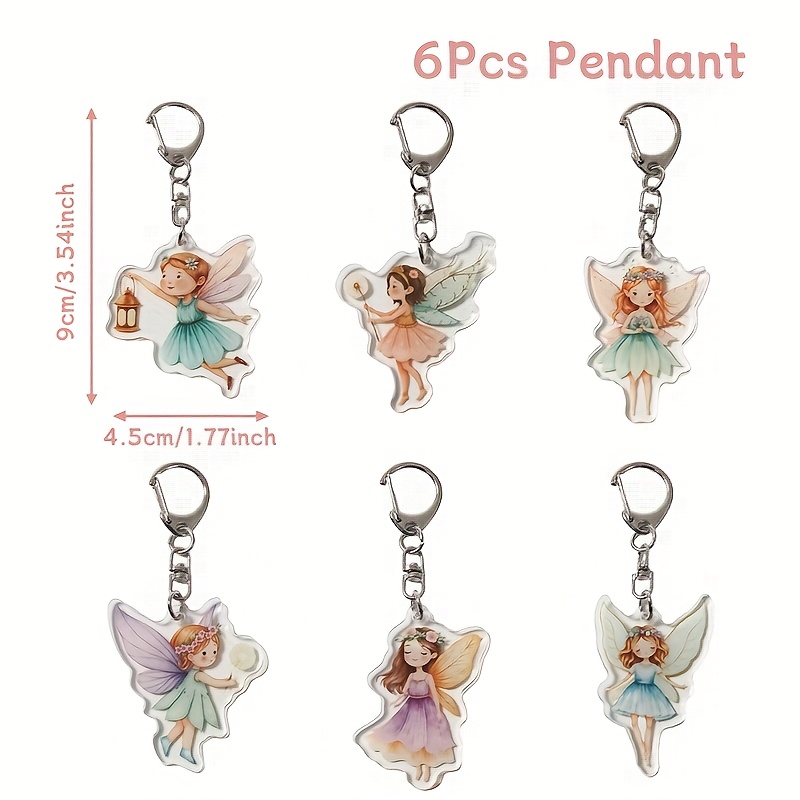 TEMU A 6pcs Set For Her/him, Fairy-patterned Acrylic Keychain, Fairy-themed Party Keychain Ornament, Birthday Party Decoration, Wedding Bridal Shower