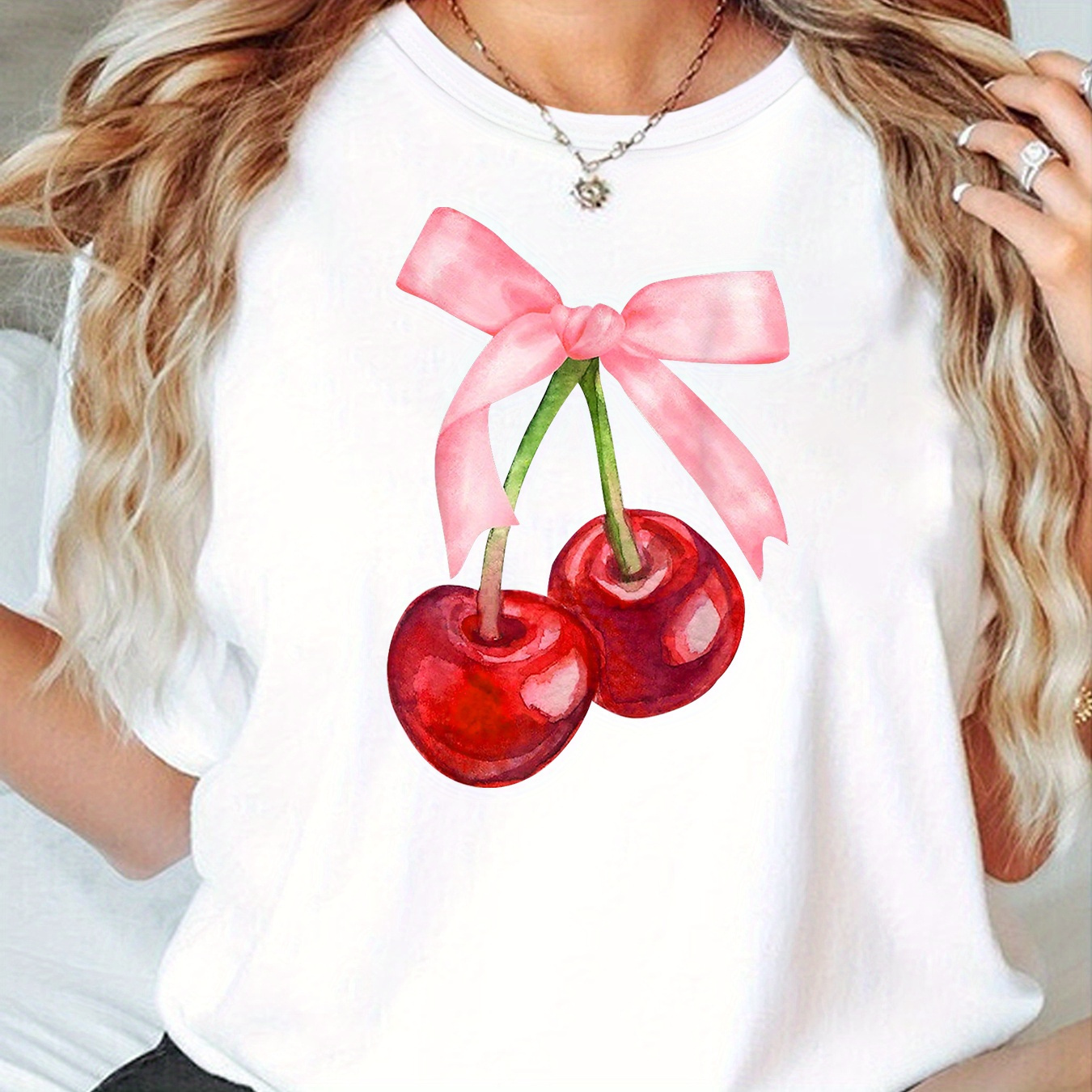 

Women's Cherry & Bow Print T-shirt - Soft Polyester , Round Neck, Short Sleeve, Casual Sporty Top -