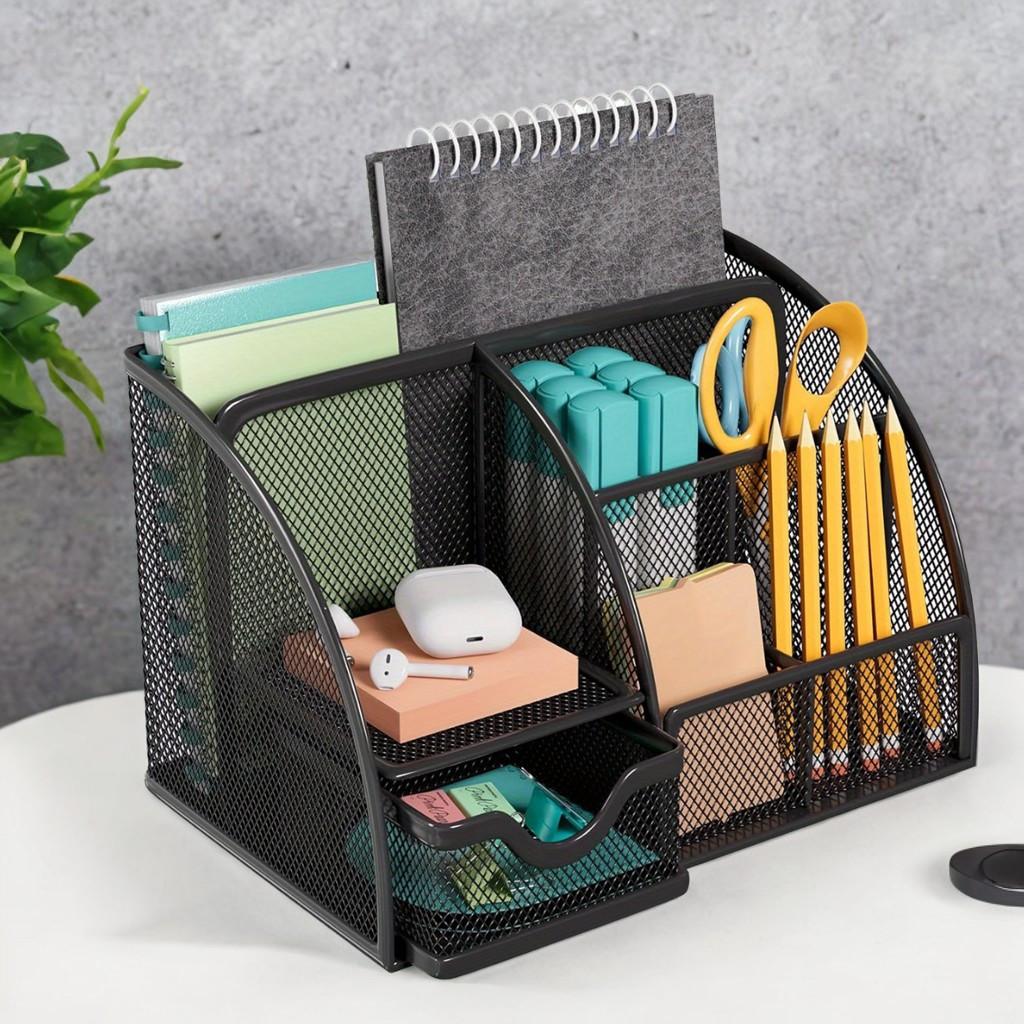 

1pc Multi-functional Desk Organizer, Large Capacity Metal Pen Holder With 7 Compartments, Creative Office Supplies Storage, Metal Material, For Students And Office Use