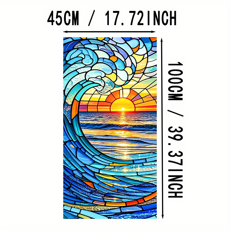 TEMU 1pc, 9mil Thick Pvc, 2d Flat Glass Window Film, 17.72 X 39.37 Inches, Ocean Waves & Sunset Design, Static Adhesive, Cuttable, Light Filtering -