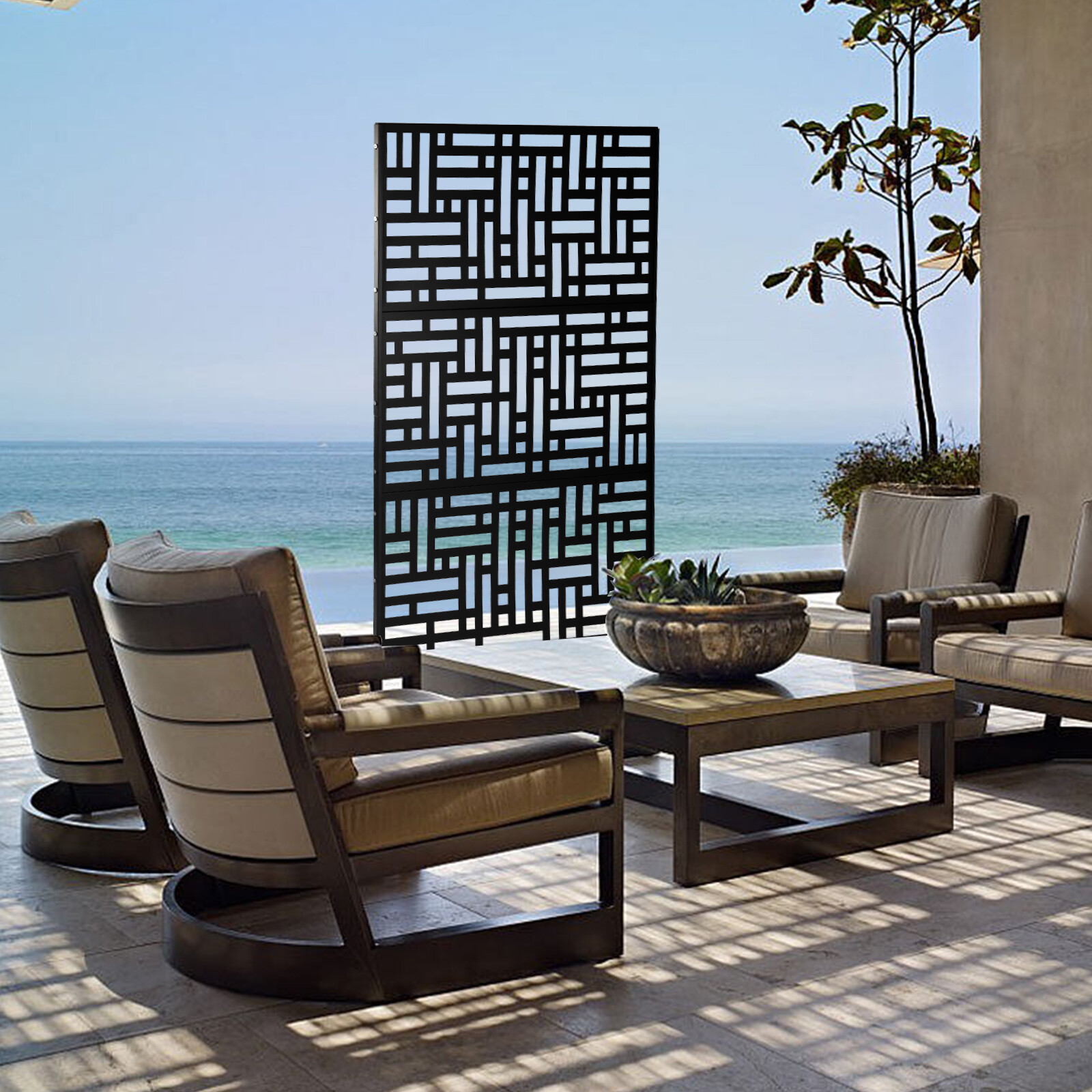[2d Flat] Decorative Privacy Screen Patio Privacy Screen 90x40x190cm Black Steel Vertical Cross Design High Temp Paint Room Divider For Patio Living Room Durable Privacy Panel