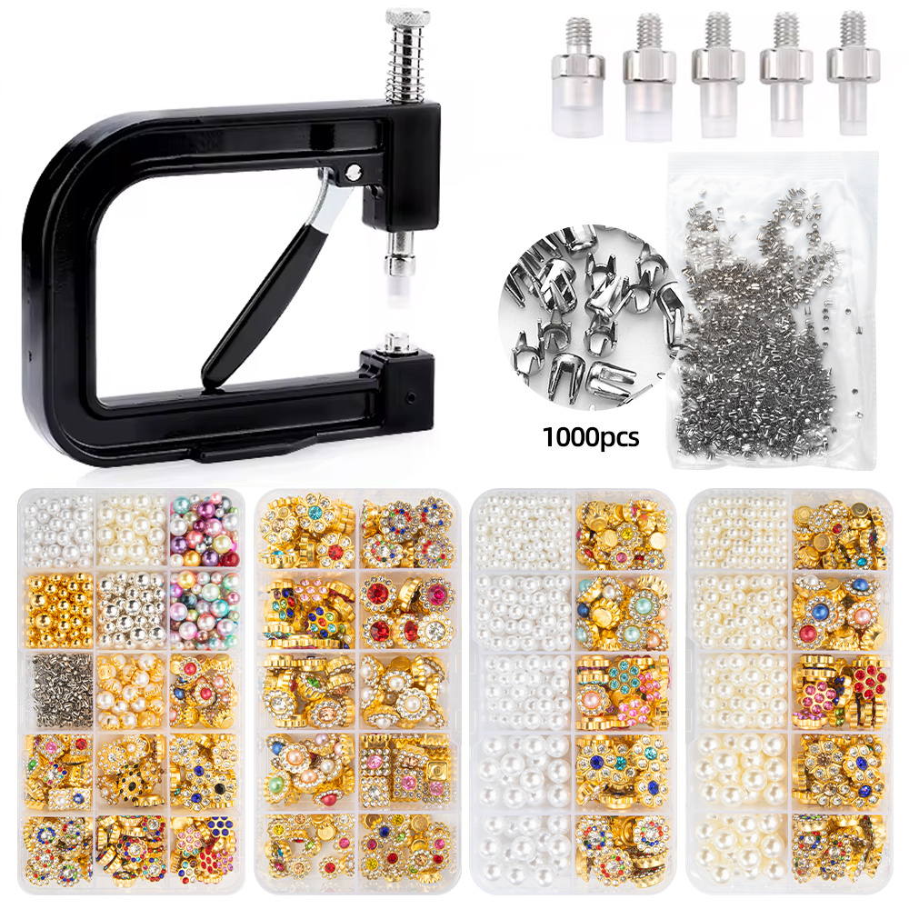 portable   setter kit with 1000pcs prong studs and 10 15 grid pearl   box diy tool set for wedding dresses hats crafts perfect for christmas easter valentines mothers day