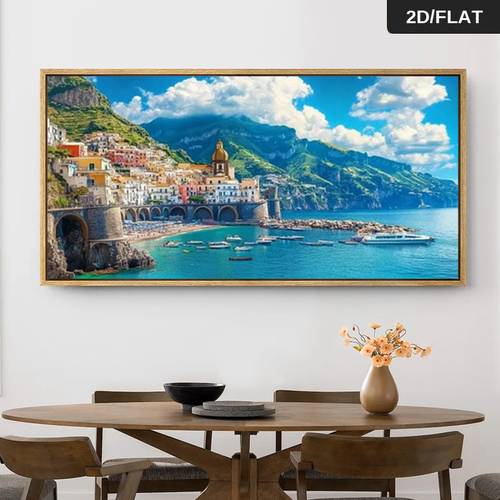 1 stück großes mediterranes küsten-italien rahmenlose leinwand wandkunst - 27,56x55,12 (70x140cm) landschaftsgemälde, türkisblau meer & bunte klippen druck für wohnzimmer, schlafzimmer, italienisches poster dekor, 2d flach, wanddekoration,leinwandkunst gerahmt und bereit zum aufhängen gebäude extra groß,wandkunst gerahmt, bereit zum aufhängen,vintage wandkunst