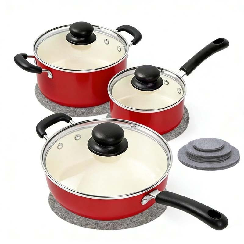 Juego de 3 piezas de ollas para salsa antiadherentes con divisor de plato de fieltro | Adecuado para revestimiento de cerámica con tapa, juego de sartén pequeña con mango aislante, olla de inducción, cuenco grueso de fieltro y almohadilla divisora absorbente para platos - Imagen 2