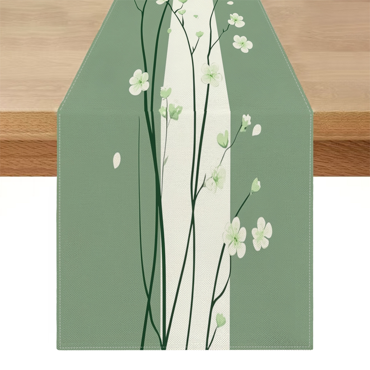 E-shop 1 Stück Grüne Basis mit Weißen Blumenzweigen Fallenden Blütenblättern Minimalistischer Frischer Bedruckter Tischläufer, Geeignet für Frühling