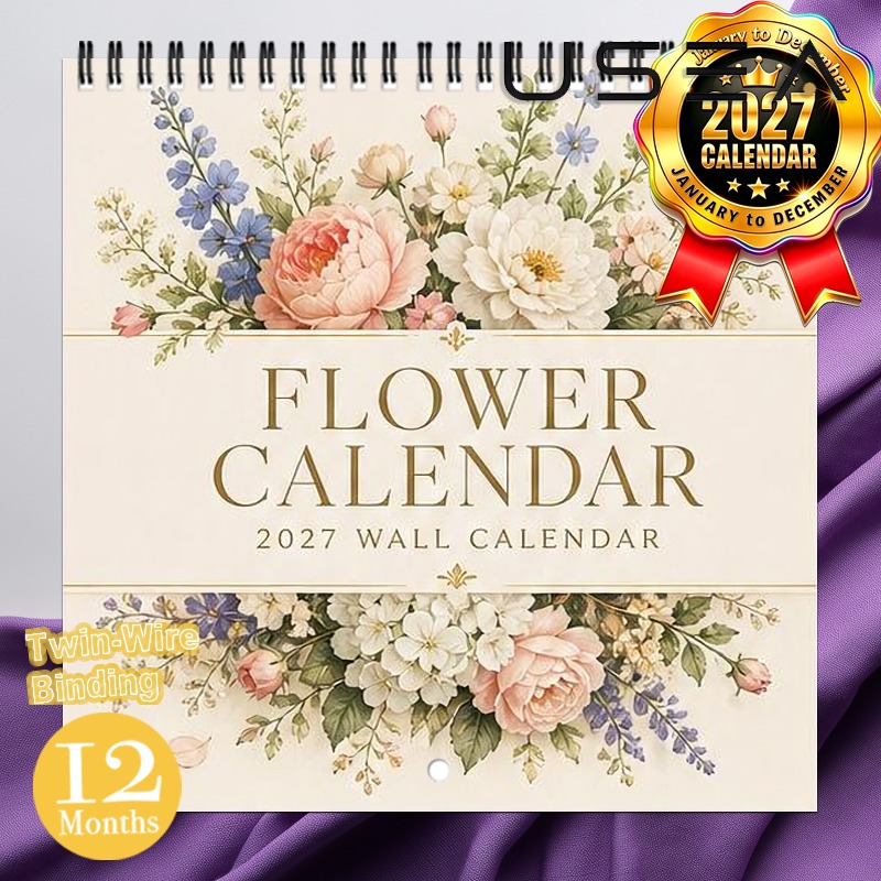 TEMU 2027 Wall Calendar 2027 12-month Flower Wall Calendar, Hanging Twin-wire Spiral Calendar With Botanical Floral Print, Aesthetic Boho Farmhouse
