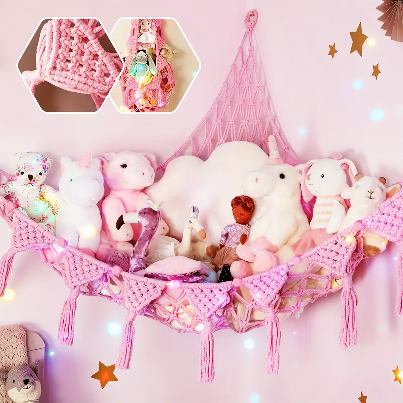 TEMU Four-color Illuminated Animal Plush Storage Net, Comes With 3 Hooks For Easy And Simple Installation, Sturdy And Durable, With Heart-shaped