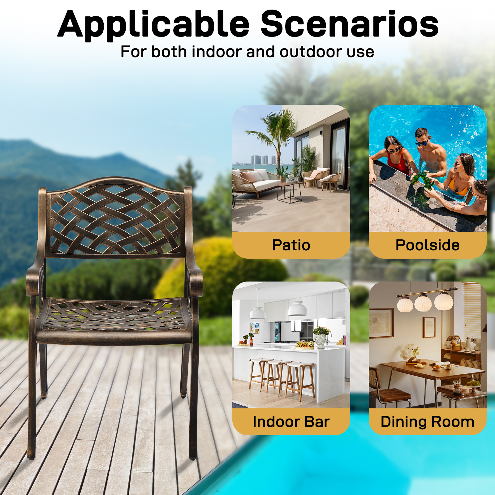 [2pcs Set] Antique Bronze Black Cast Aluminum Rustproof Outdoor Lounge Chair Classical Patio Park Single Chair Set Lightweight and Durable Iron Furniture Set