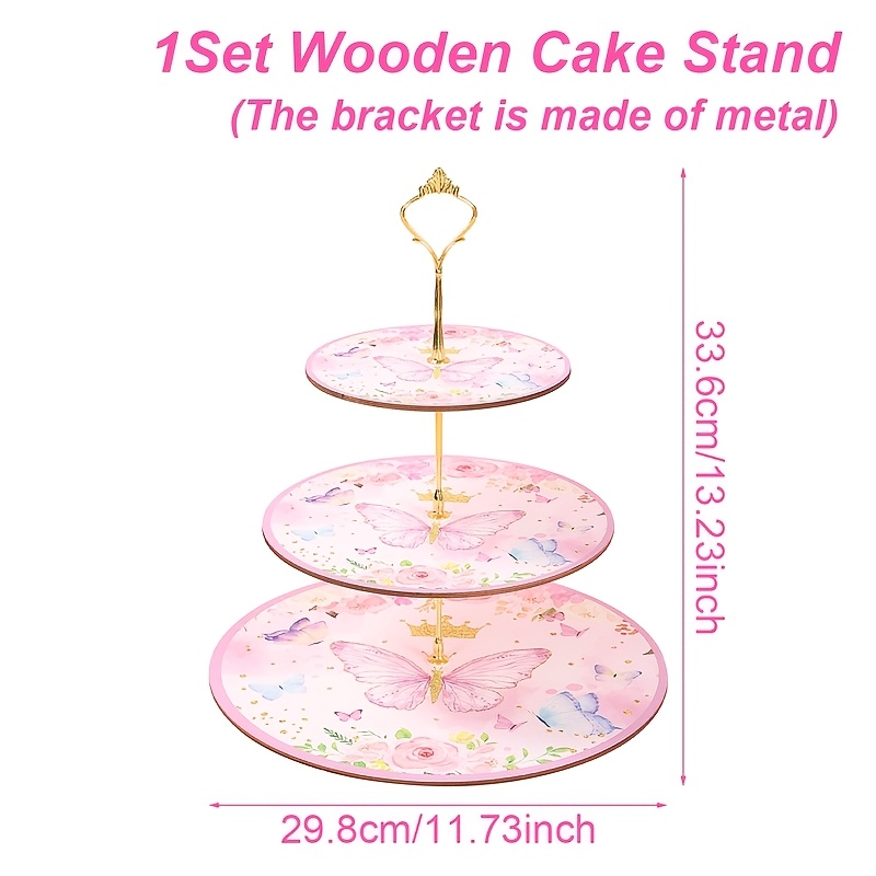 TEMU 1 lot de présentoir à gâteau en bois papillon rose, présentoir à desserts à 3 niveaux, convient pour les fêtes sur le thème des papillons, les