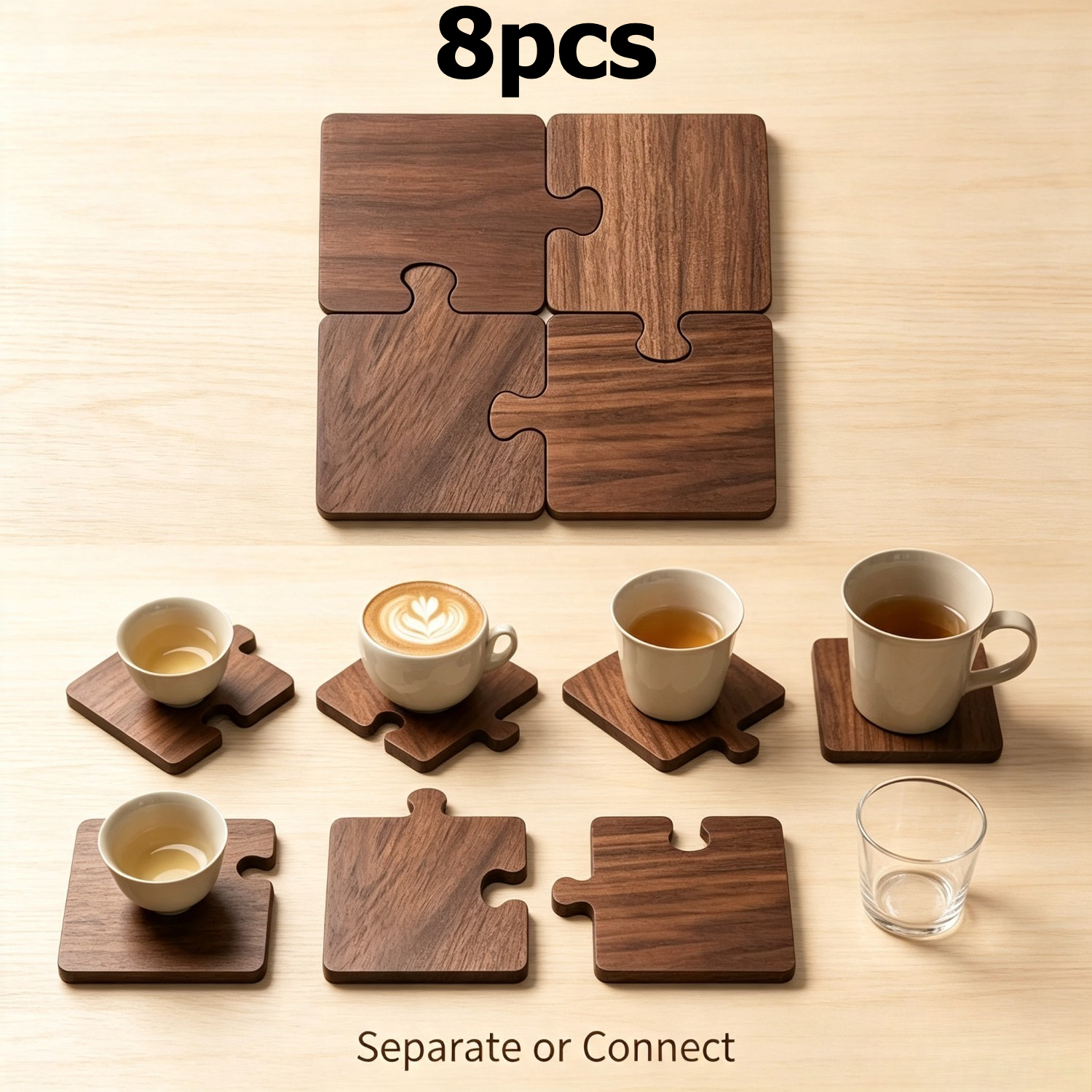 TEMU 8pcs Puzzle-shaped Drink Coasters That Assembled, Walnut-colored Wood Grain Heat-resistant Coasters, Decorative Assembled Coasters, Suitable For