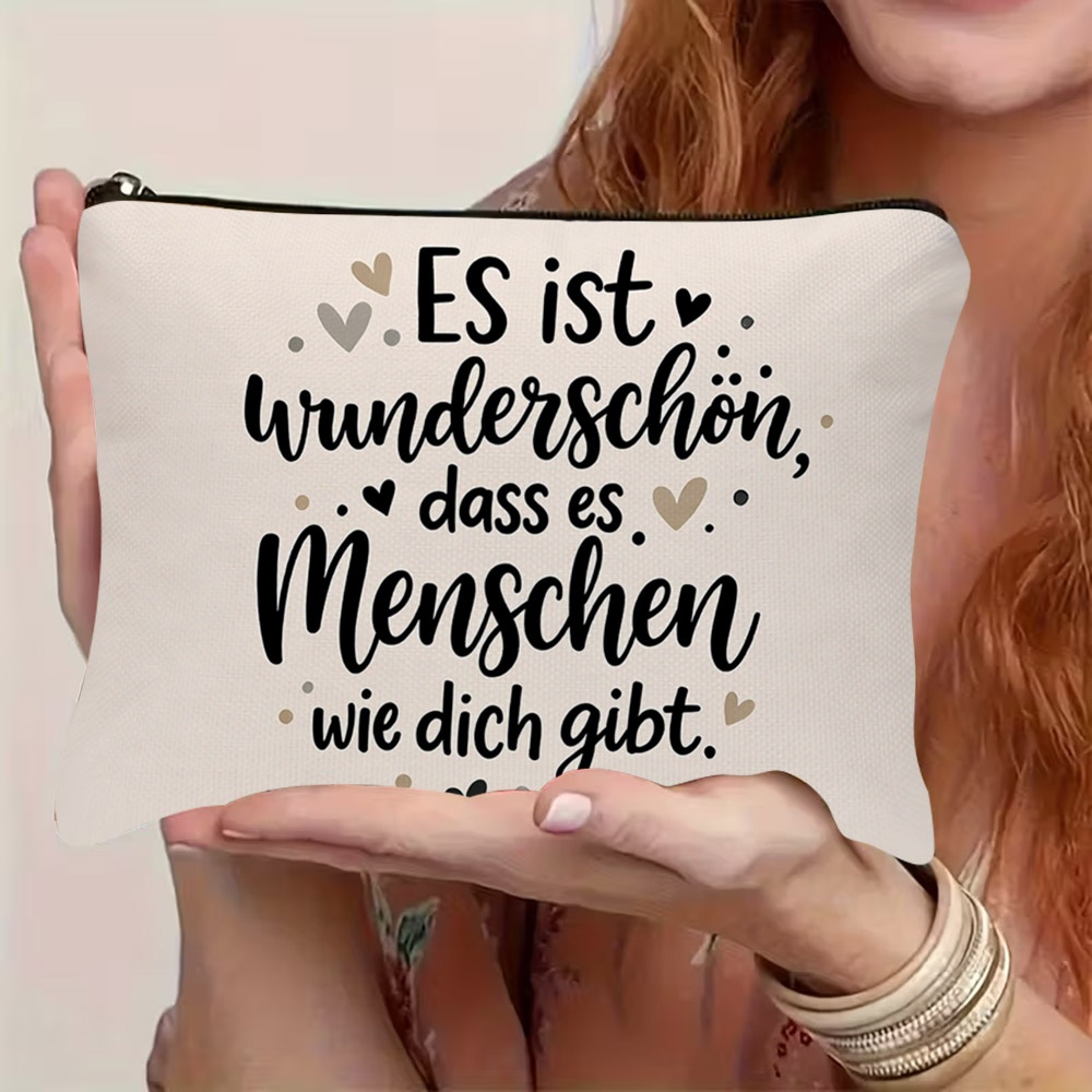TEMU . minimalistische Kosmetiktasche mit modernem Typografie-Druck – leichter Reise-Make-up-Organizer mit deutschem Zitat-Grafikdruck, tragbare